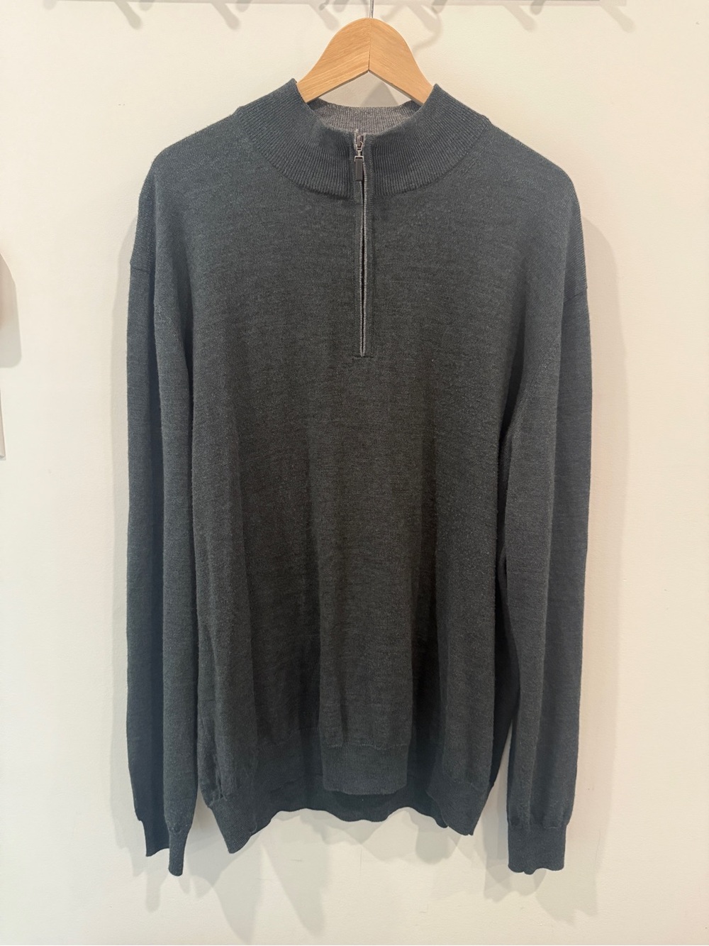 Neiman Marcus Men XXL Wool Quarter Zip Made Italy Charcoal Gray Mock Neck Merino